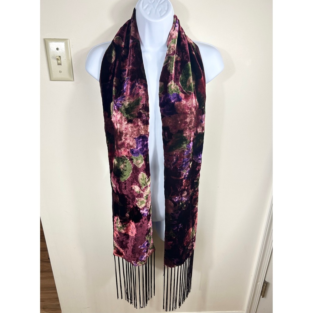 Velvet Burnout Floral Scarf Womens Burgundy Fringe Bohemian Moody Romantic Chic